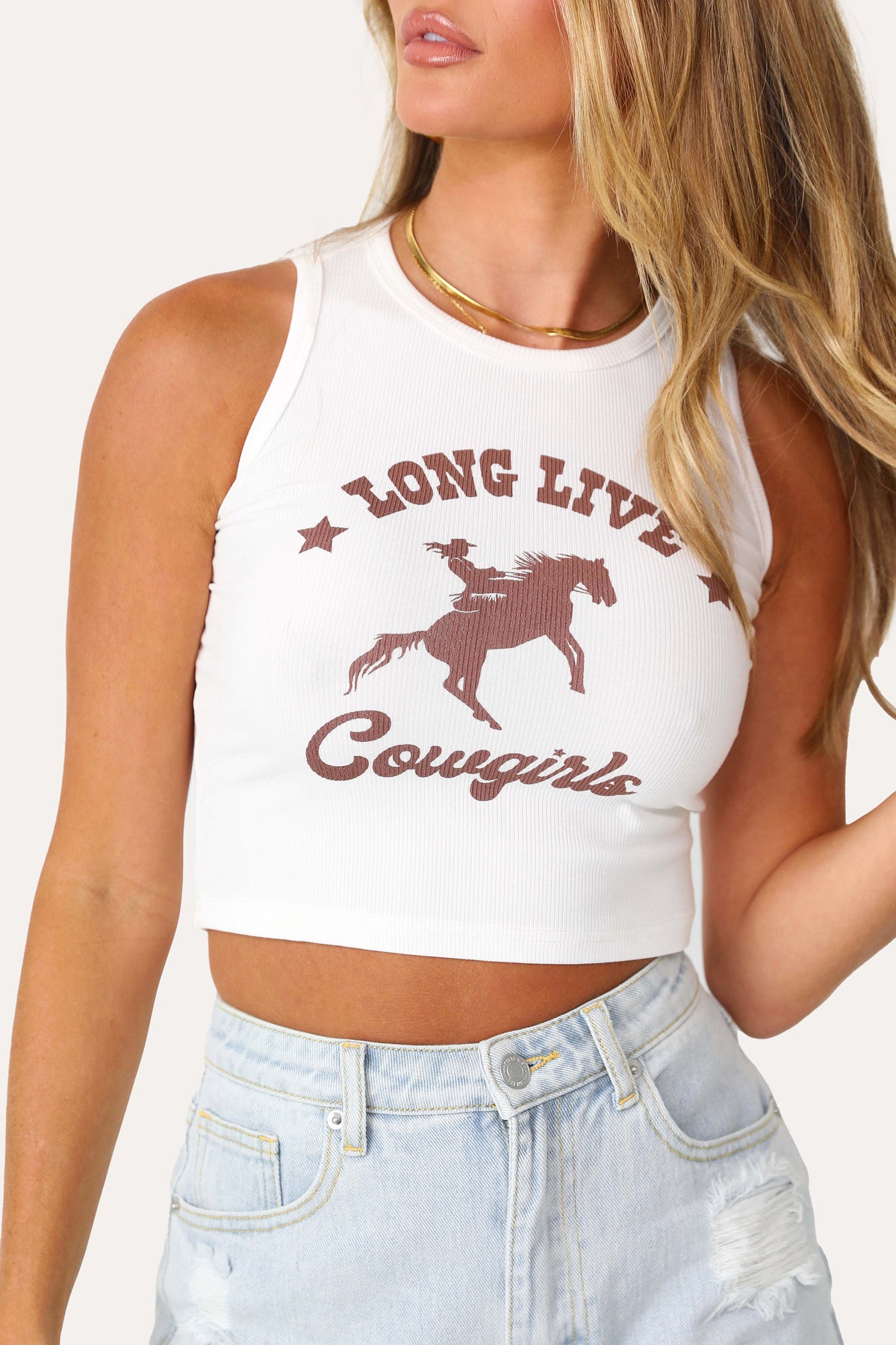 Model wearing the Long Live Cowgirls tank top.