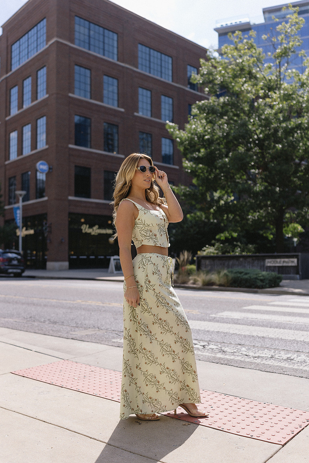 Model wearing a Light Linen Corset Top + Midi Skirt, Kittenish Nashville