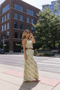 Model wearing a Light Linen Corset Top + Midi Skirt, Kittenish Nashville