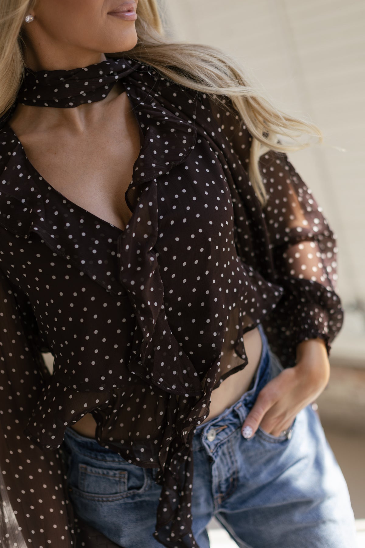 Audrey Ruffle Woven Top - Chocolate Pin Dot