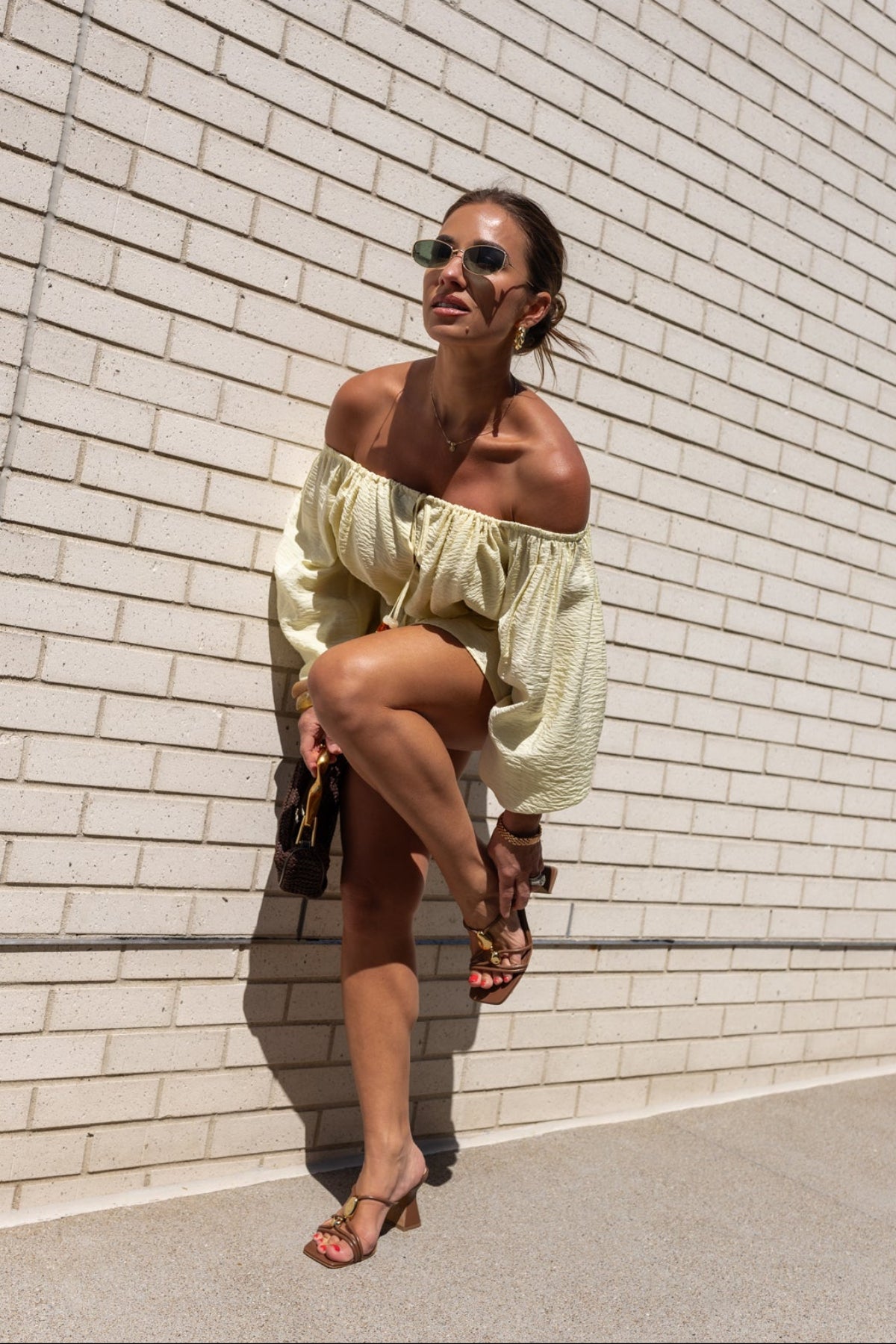 jessie in yellow off shoulder top