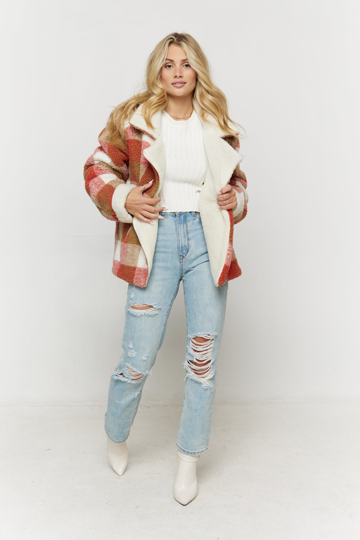 SCARLET PLAID SHERPA JACKET