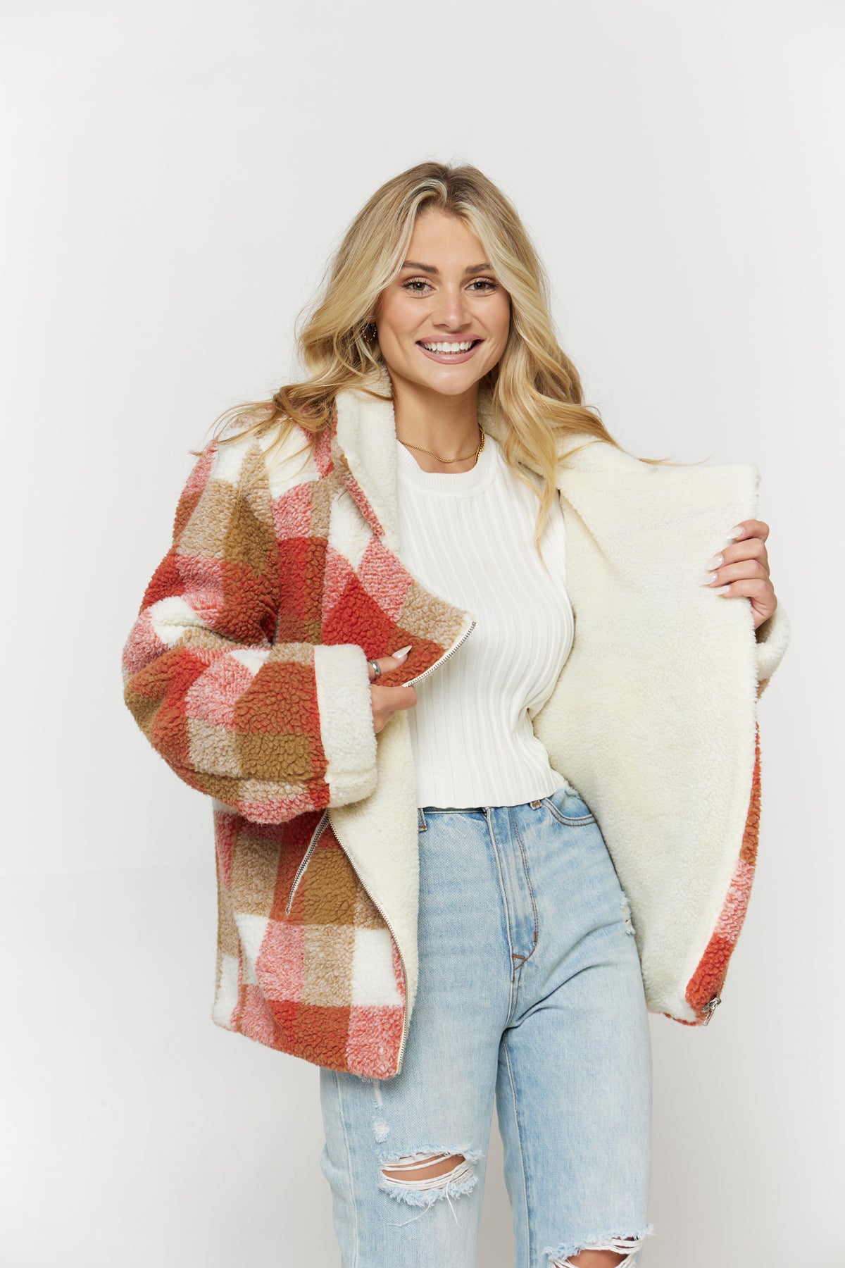 SCARLET PLAID SHERPA JACKET