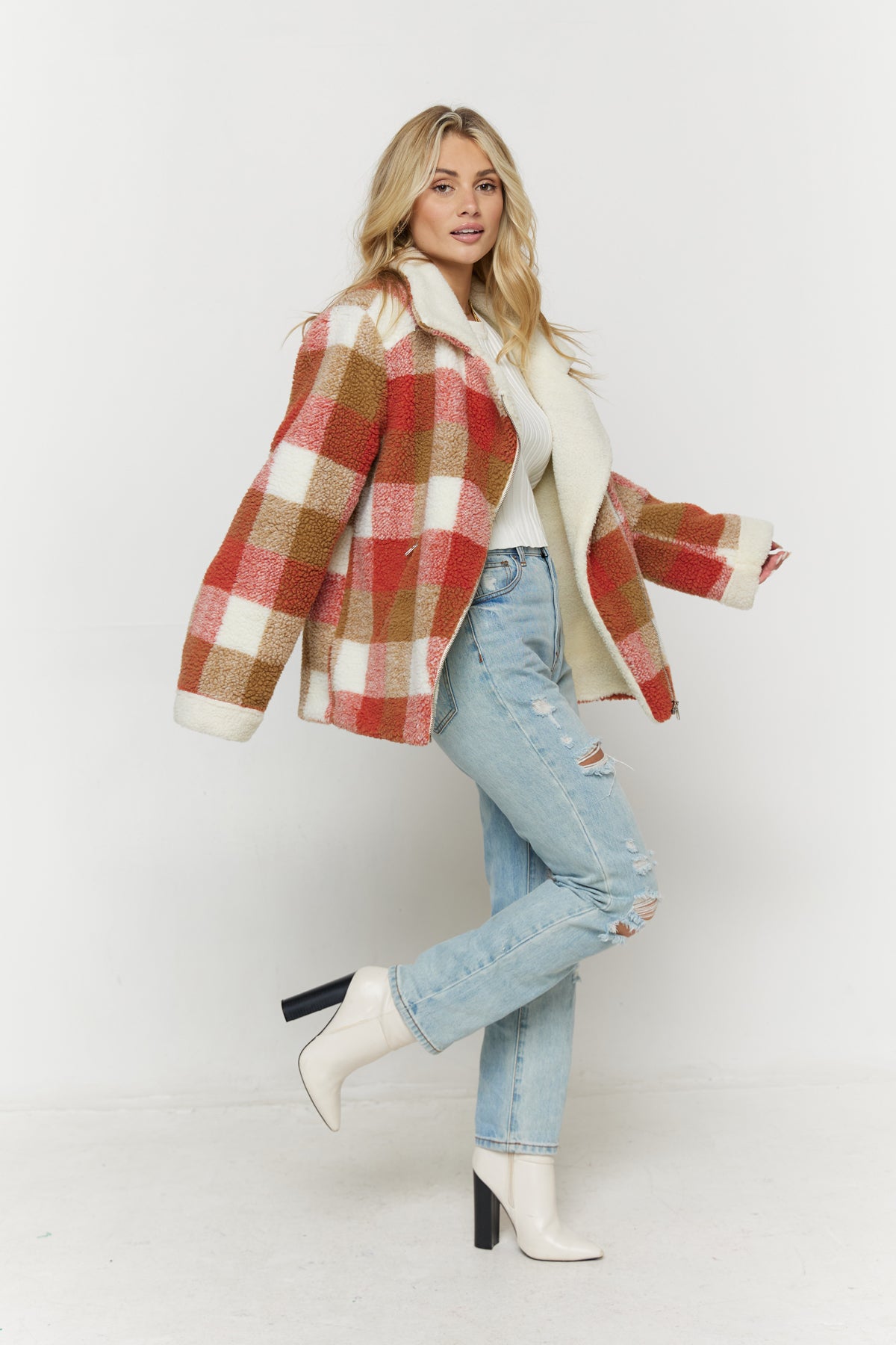 SCARLET PLAID SHERPA JACKET