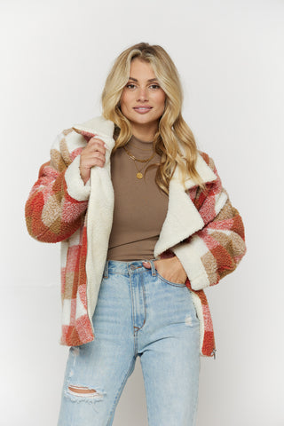 SCARLET PLAID SHERPA JACKET