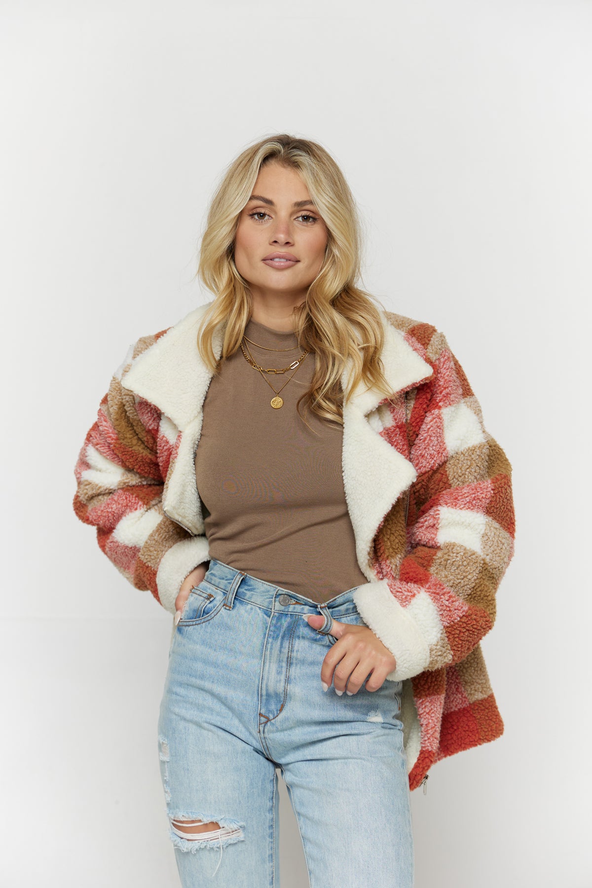 SCARLET PLAID SHERPA JACKET