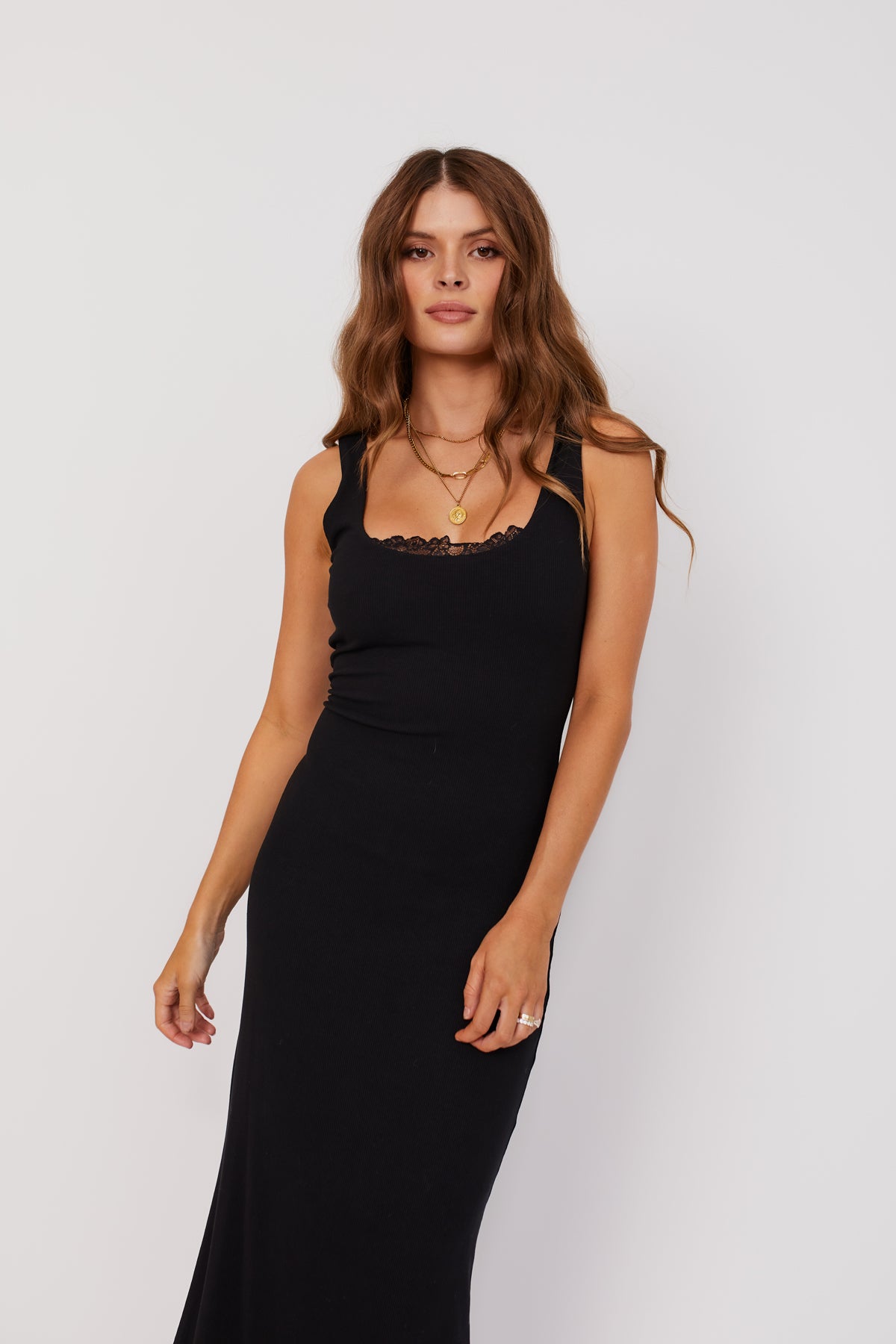 LOVE AND LACE BLACK RIBBED MAXI DRESS