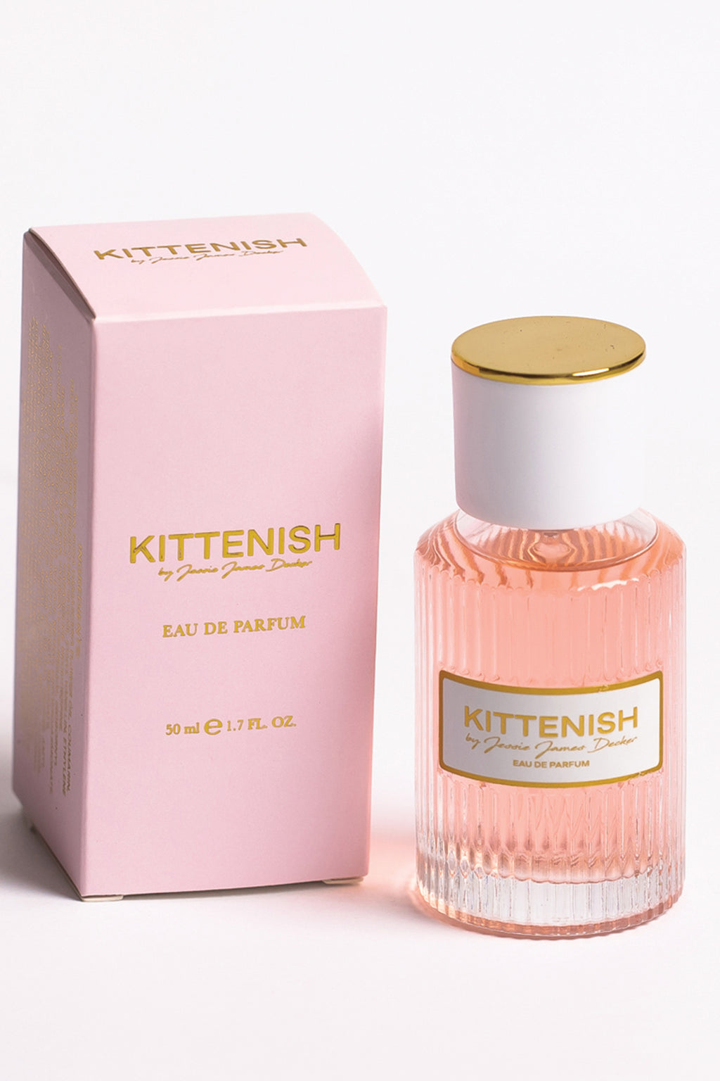Kittenish perfume bottle on white background with pink box shown
