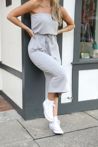 Model wearing the Everyday Heather Grey Strapless Dress.
