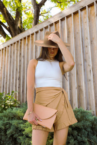Model wearing the Home Town Tan Wrap Skort.