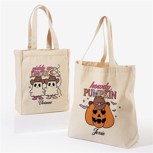 "Giddy up ghouls" and "Howdy Pumpkin" canvas tote bags, from Things Remembered x Kittenish by Jessie James Decker 
