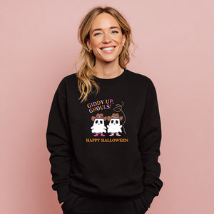 Model wearing "Giddy up, ghouls! Happy Halloween" black sweatshirt, from Things Remembered x Kittenish by Jessie James Decker 