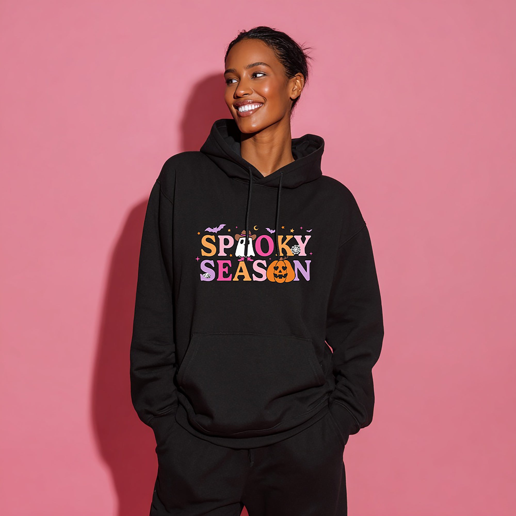Model wearing black "Spooky Season" Hoodie, from Things Remembered x Kittenish by Jessie James Decker 