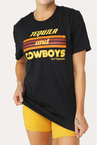 Model wearing the Tequila + Cowboys tee.