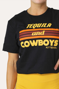 Model wearing the Tequila + Cowboys tee.