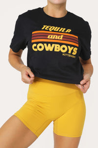 Model wearing the Tequila + Cowboys tee.