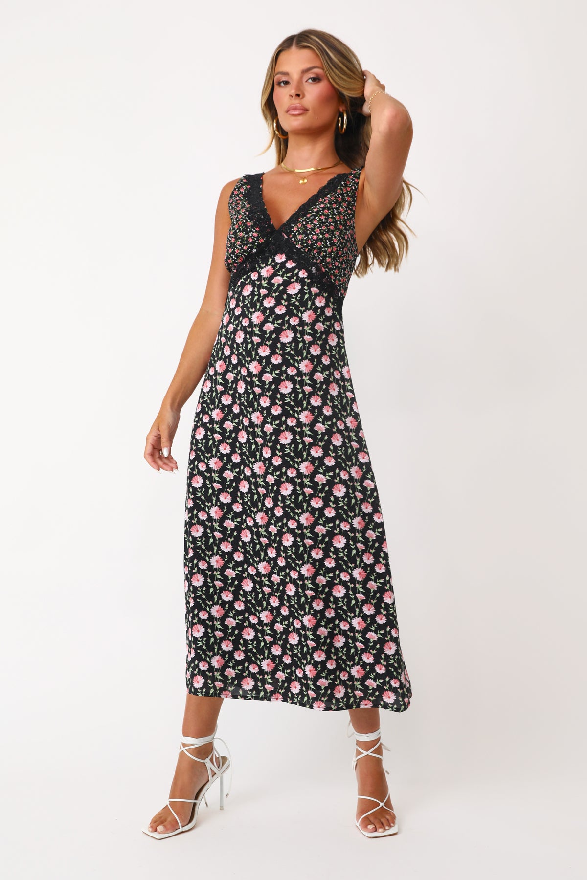 Model wearing the Summer Nights floral dress