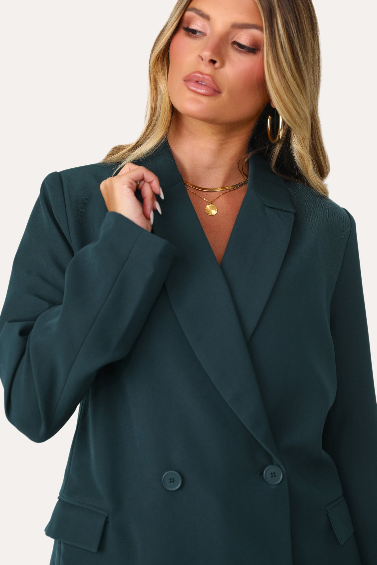 Model wearing the Go To Teal Blazer. 