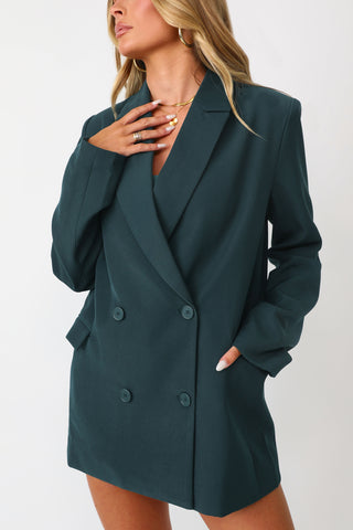 Model wearing the Go To Teal Blazer. 