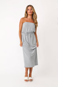 Model wearing the Everyday Heather Grey Strapless Dress. 