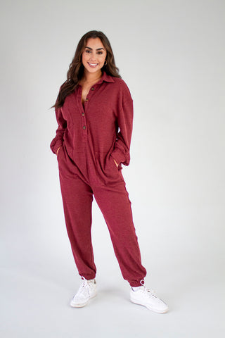 BRITT BURGUNDY WAFFLE JUMPSUIT