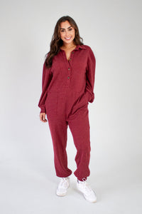 BRITT BURGUNDY WAFFLE JUMPSUIT