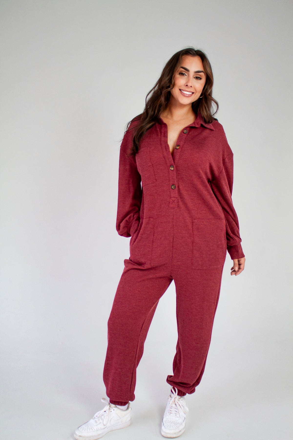 BRITT BURGUNDY WAFFLE JUMPSUIT