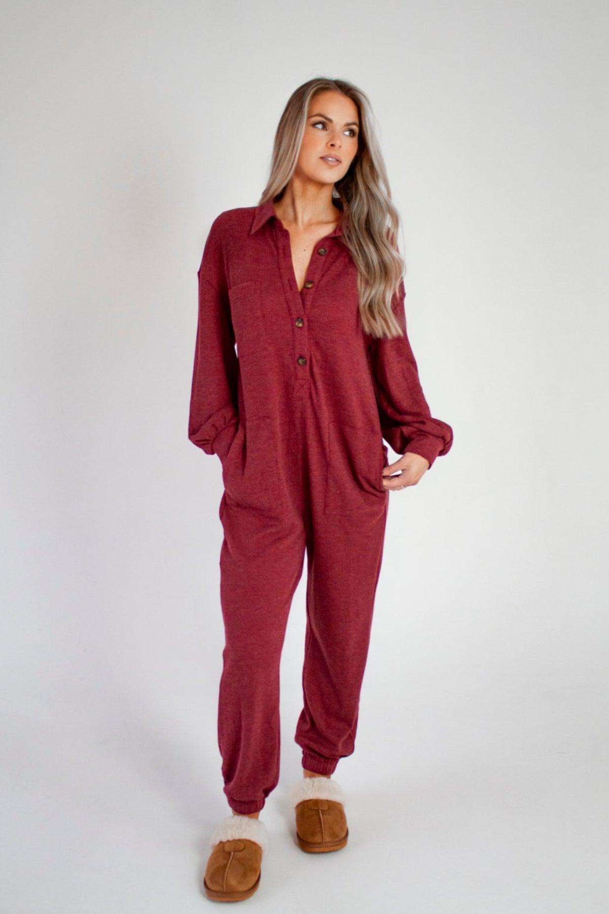 BRITT BURGUNDY WAFFLE JUMPSUIT