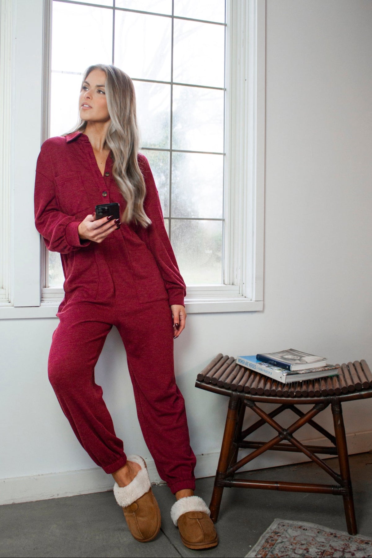 BRITT BURGUNDY WAFFLE JUMPSUIT