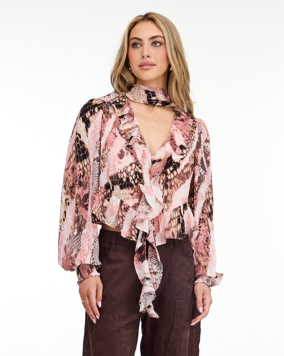 Audrey Ruffle Woven Top - Dusty Blush Snake
