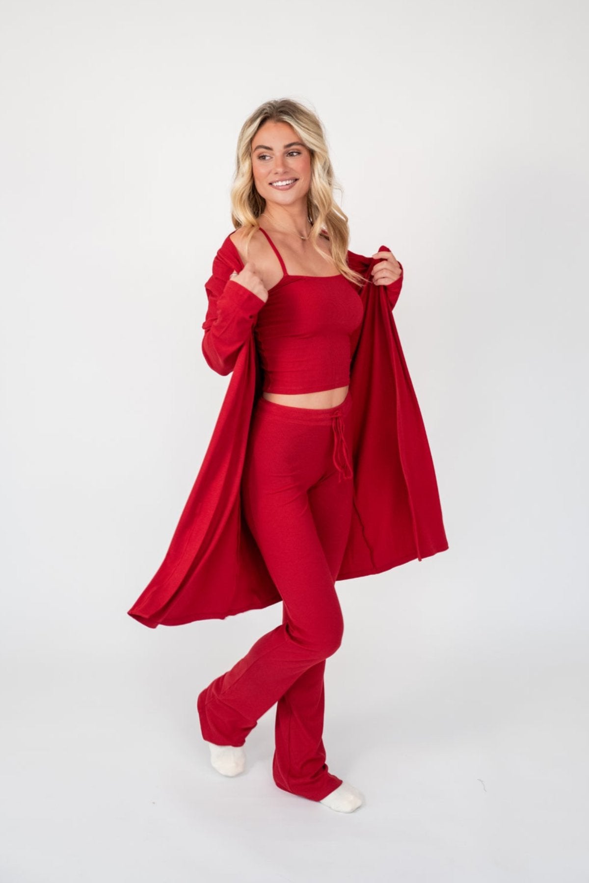 RED RIBBED LOUNGE ROBE