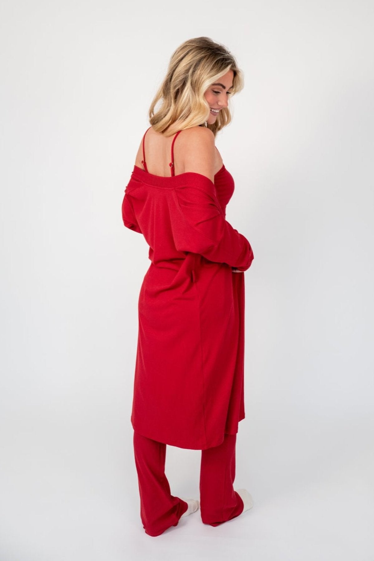 RED RIBBED LOUNGE ROBE