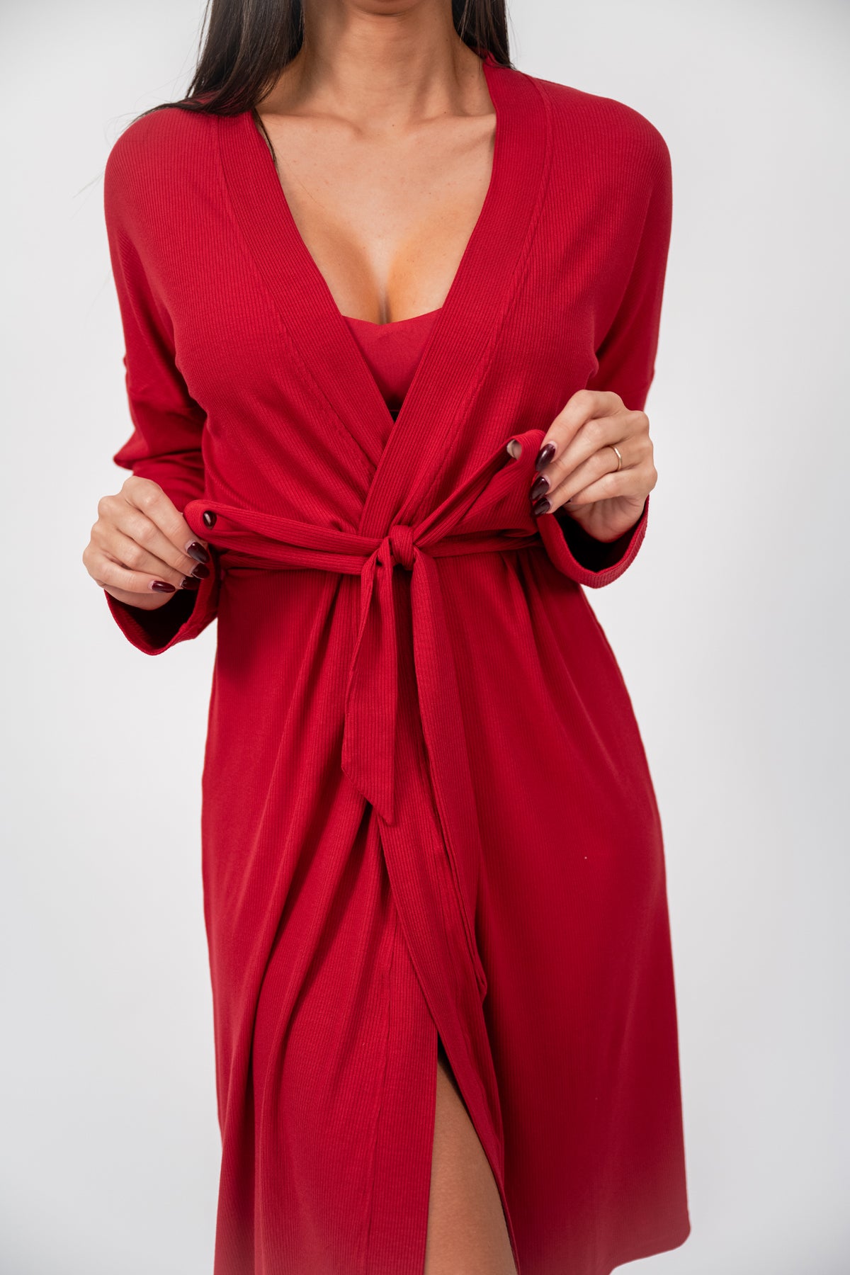 RED RIBBED LOUNGE ROBE