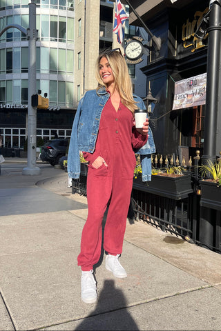 BRITT BURGUNDY WAFFLE JUMPSUIT