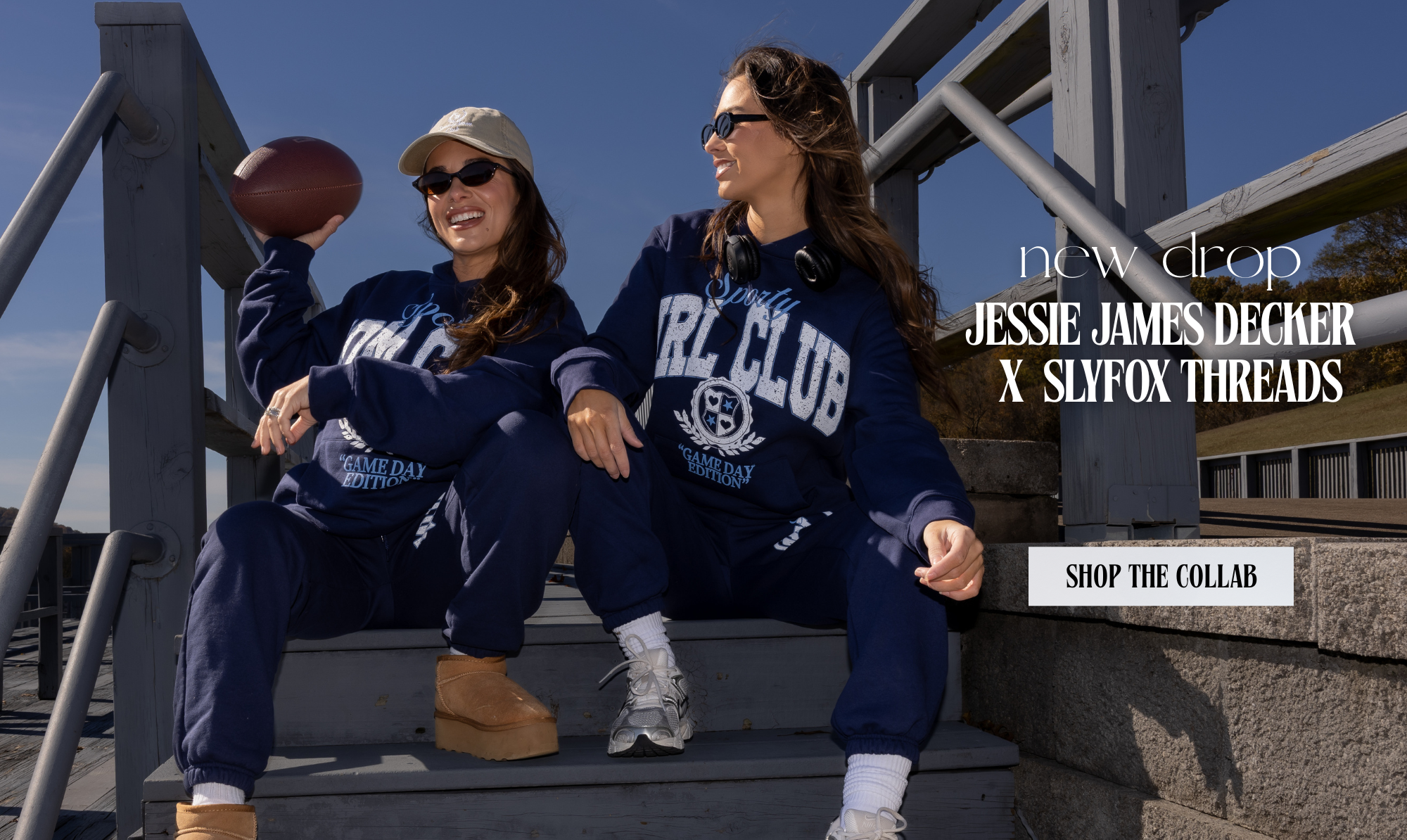 new drop! Jessie James Decker x Slyfox Threads: Shop the Collab

Jessie + Model seated wearing Navy Blue sweat sets.