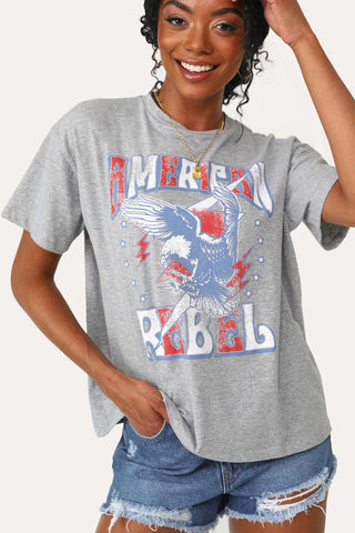 Model wearing the American Rebel  tee.