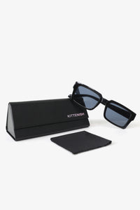 The Romy and Michele black sunglasses, Kittenish case, and cleaning cloth.