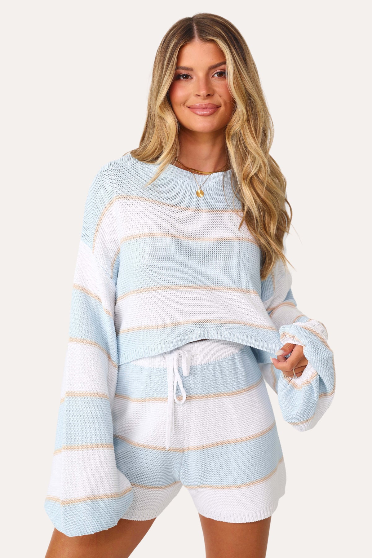 Model wearing the Just Relax knit stripe sweater.
