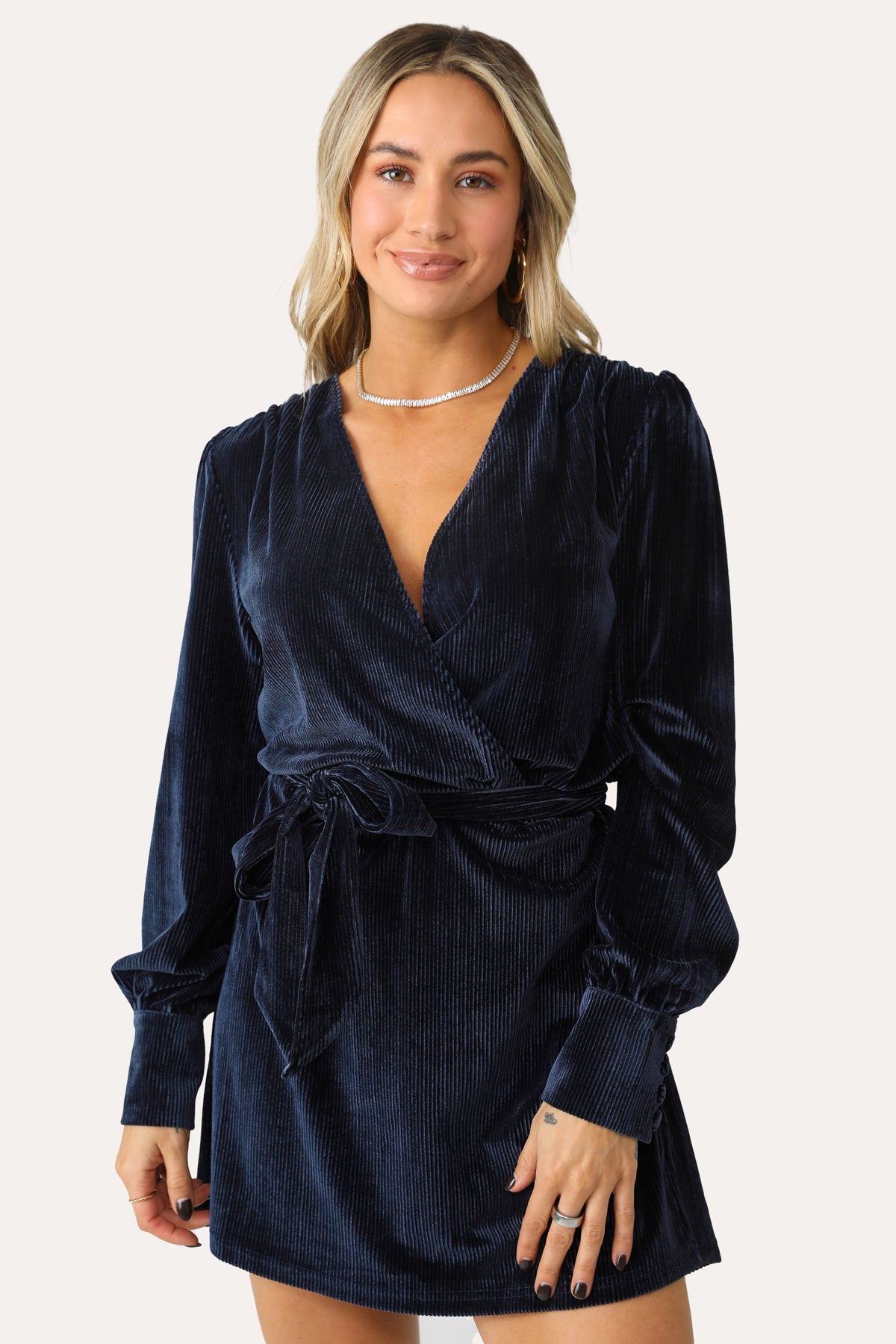 MIDNIGHT MEMORIES RIBBED VELOUR NAVY DRESS