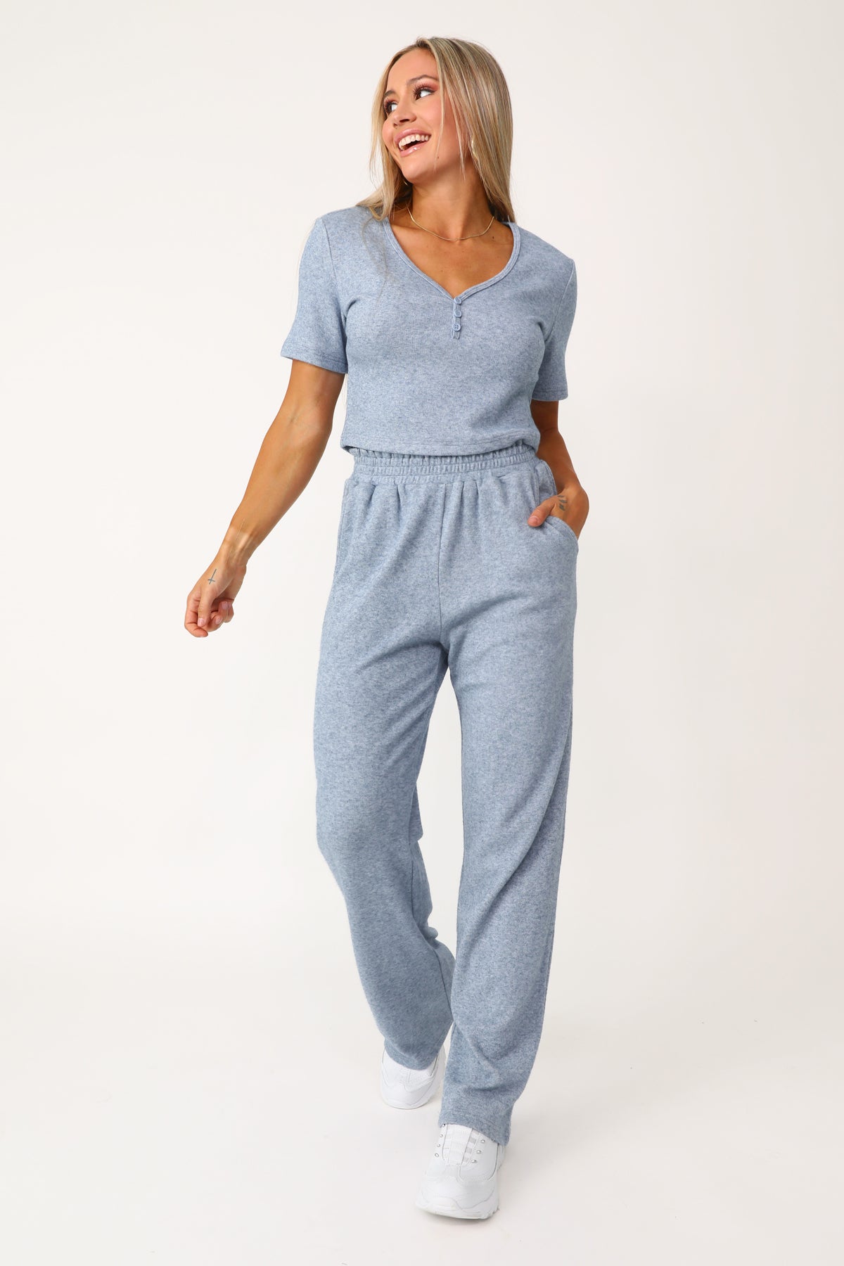 Model wearing the Self Care blue lounge pant.