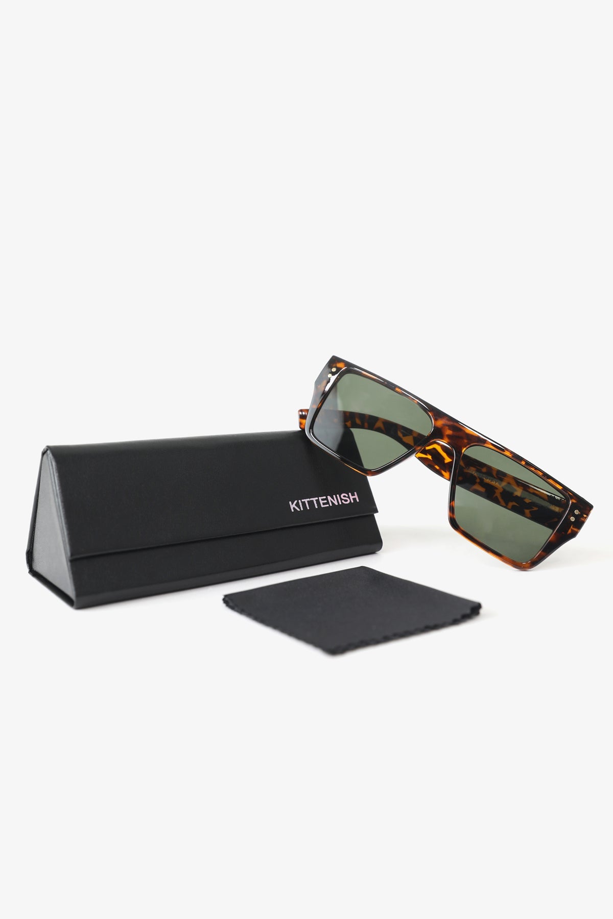 The MK Tortoise square frame sunglasses, Kittenish case, and wipe cloth.