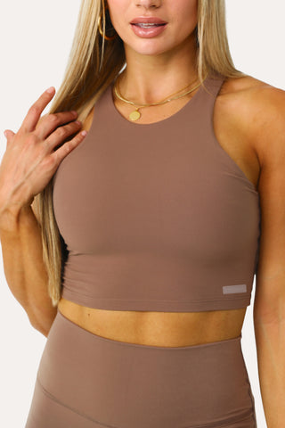 Model wearing the Java Chip High Neck Sports Bra-Tank.