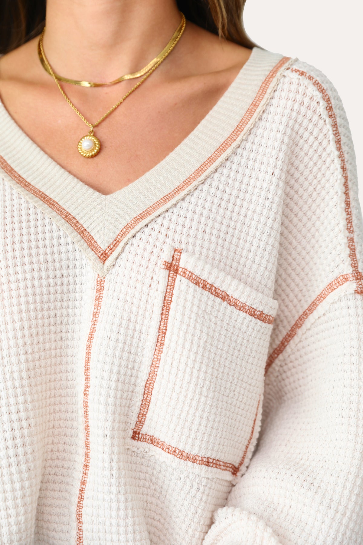 MODEL WEARING ON CLOUD NINE WAFFLE TOP.