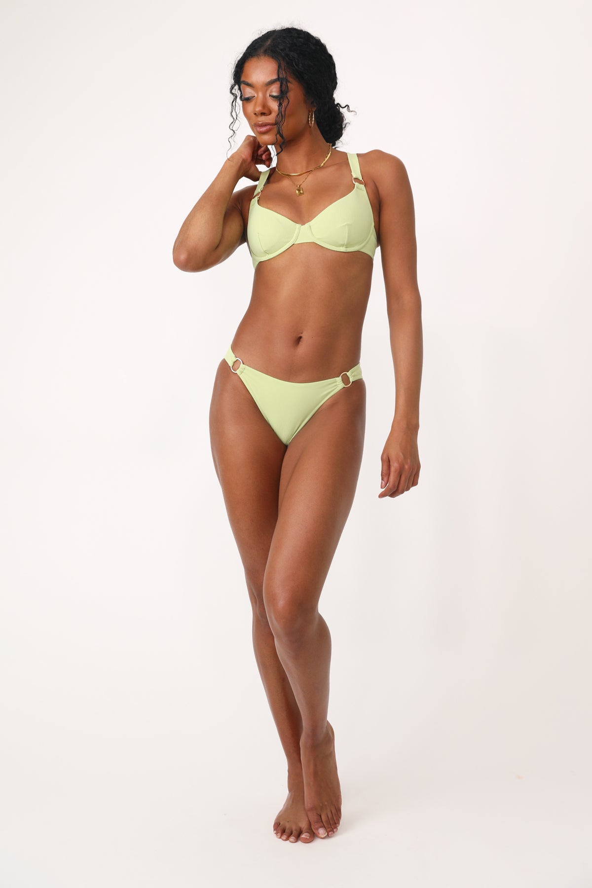 Model wearing the Eucalyptus O-Ring Underwire Bikini Top.