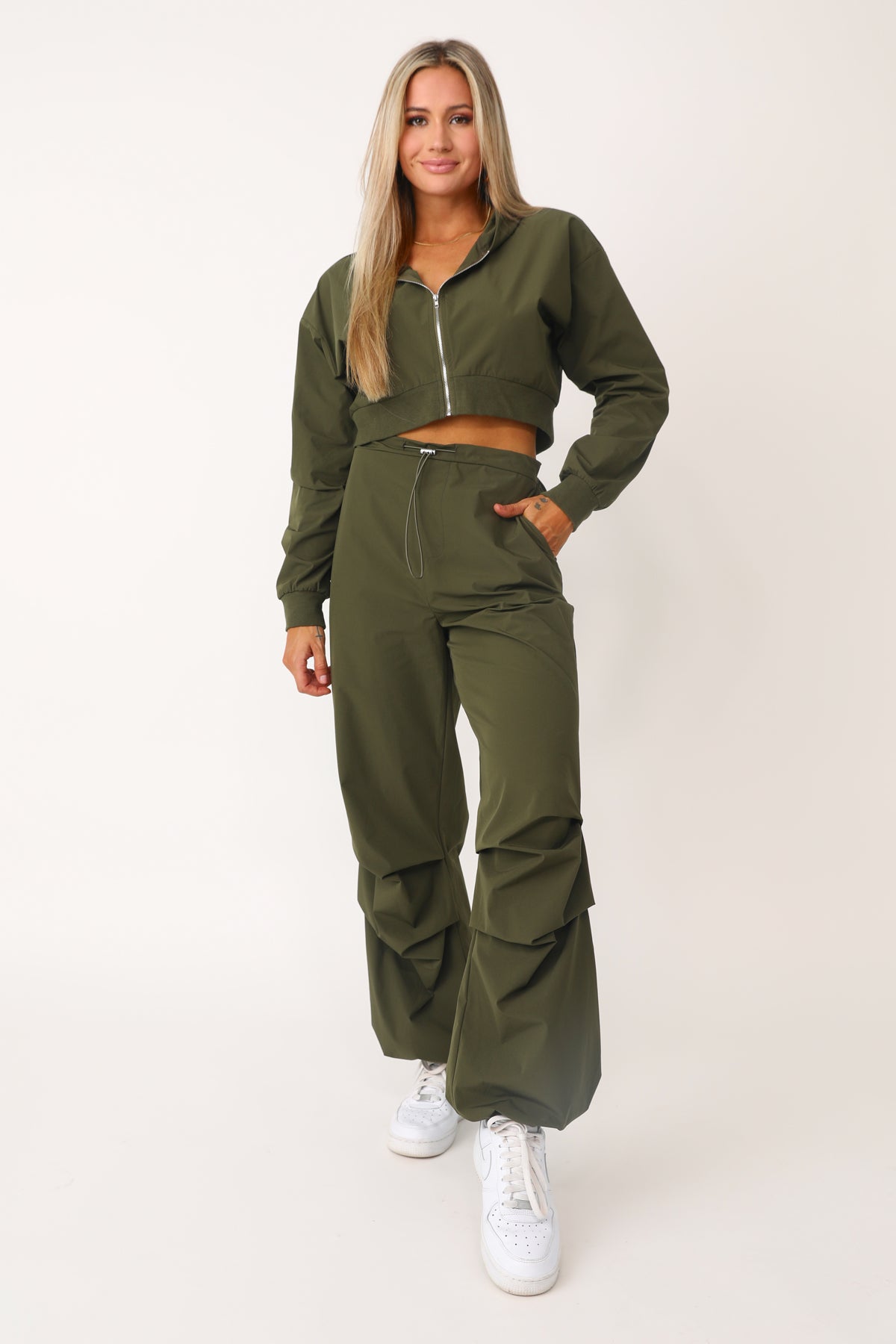 Model wearing the Run Down jogger with bungees.