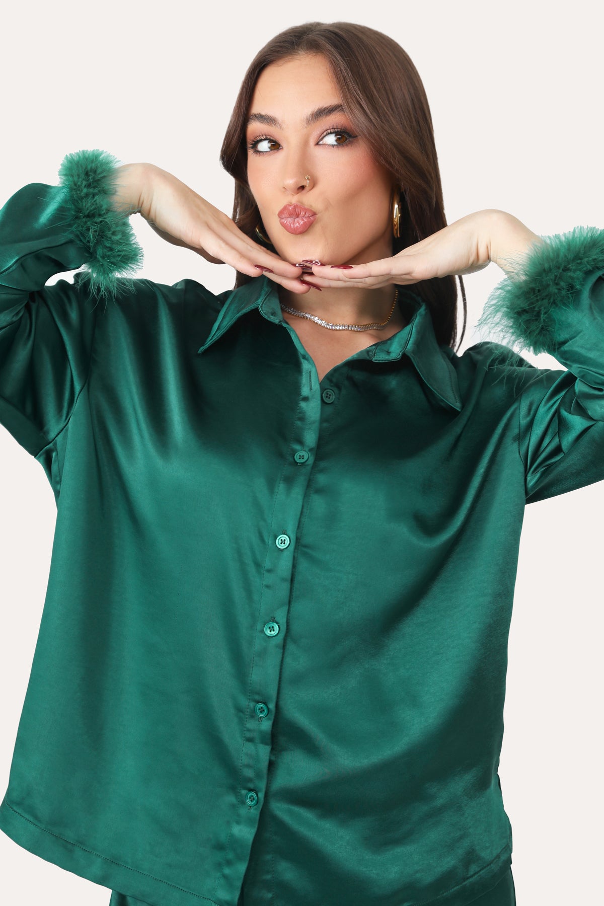 AFTER HOURS EMERALD GREEN SATIN BUTTON DOWN PJ TOP