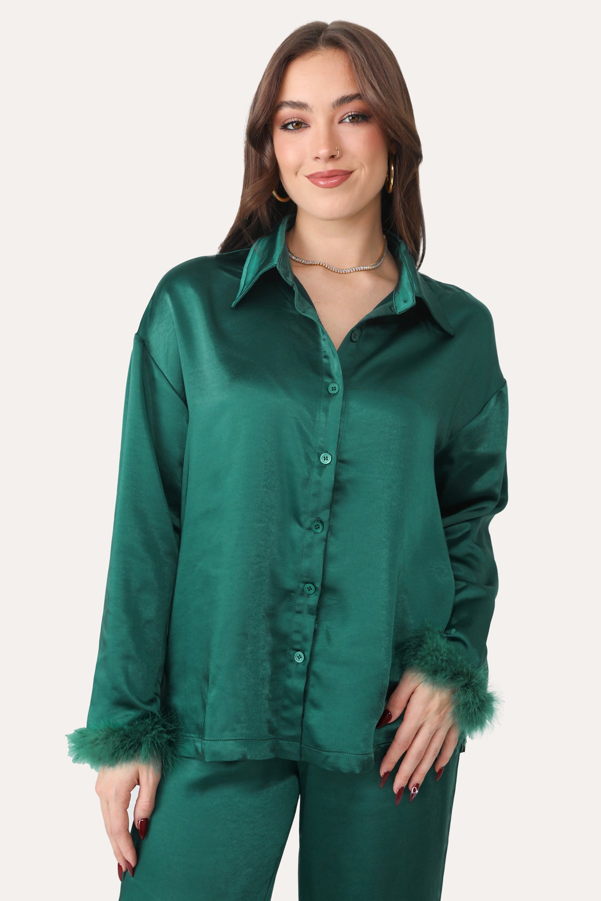 AFTER HOURS EMERALD GREEN SATIN BUTTON DOWN PJ TOP