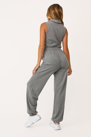 Model wearing the Off Duty Grey Collared Jumpsuit.