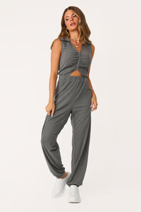 Model wearing the Off Duty Grey Collared Jumpsuit.