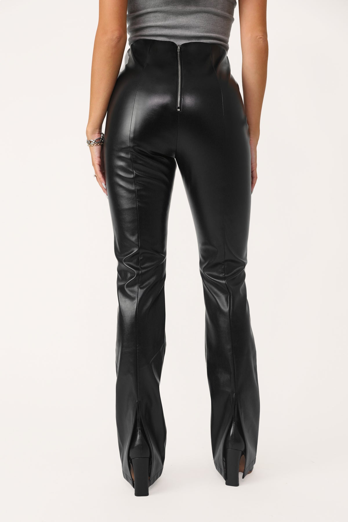 S M L Women's Premium Faux Leather Pants Flare Leg Stretch Mid-Rise Long  Black